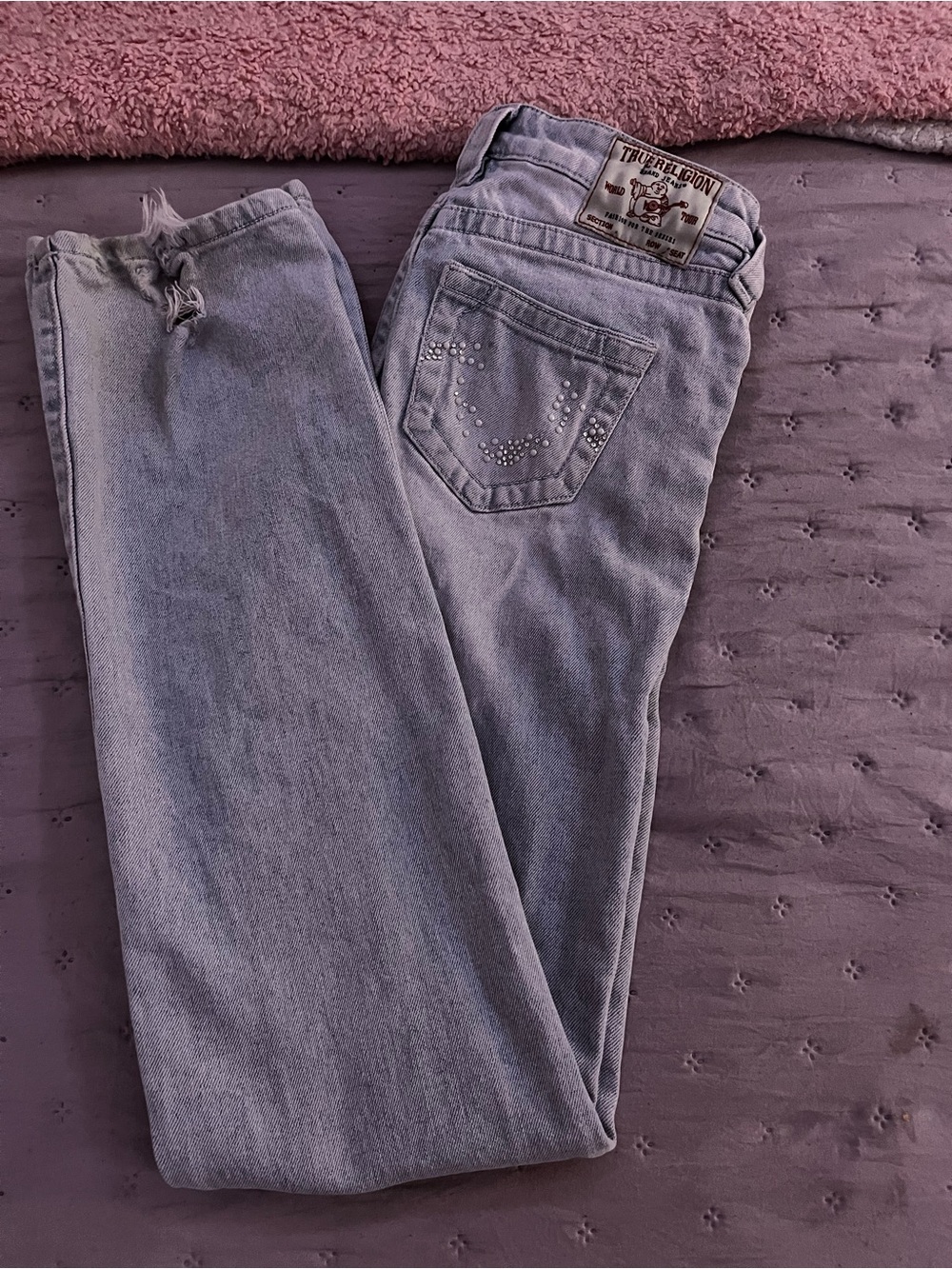 True Religion Women's Light Blue Straight Leg Jeans with Rhinestone Pocket